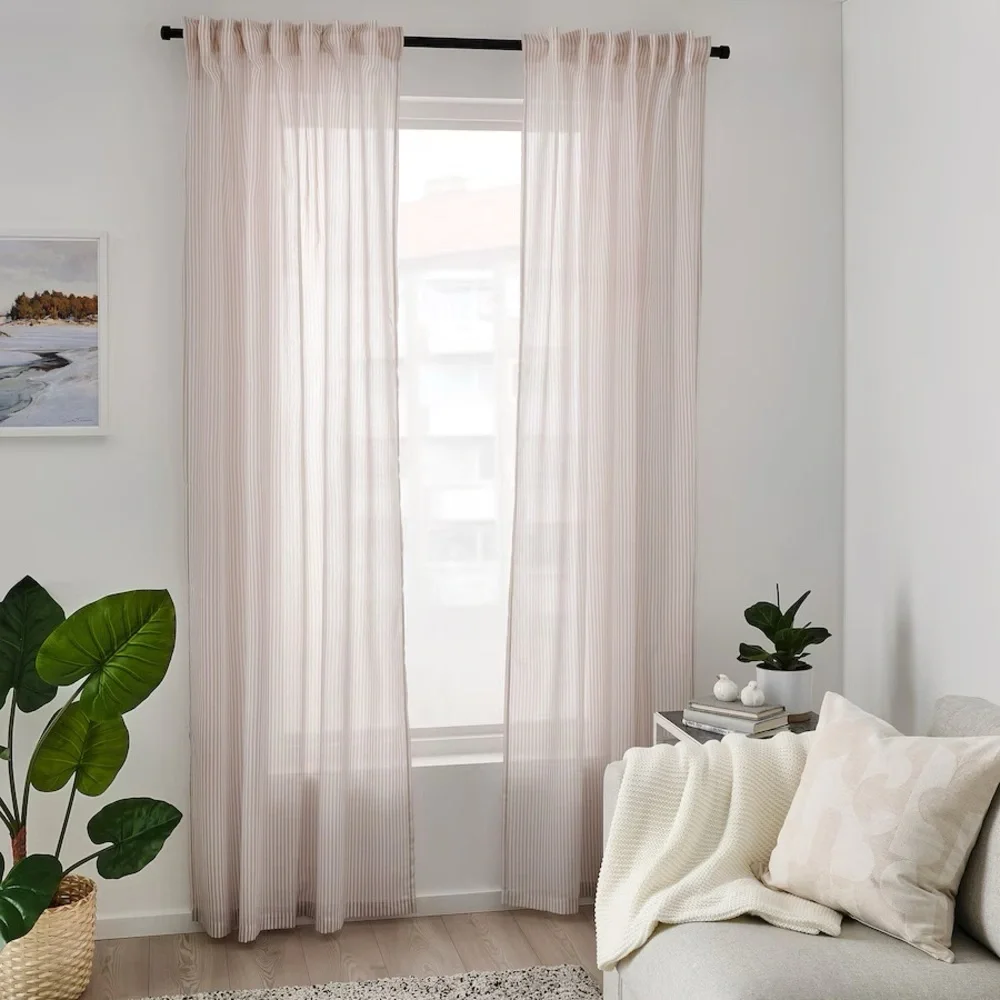 NWT pair of 2 panel curtains neutral color beige stripes LONG 47x98”